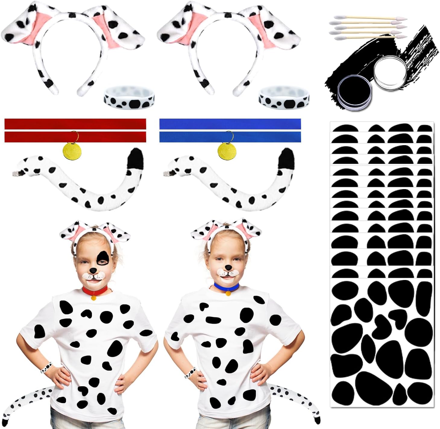 2 Set Dalmatian Dog costume Ear Headband, Bow Tie, Tail set, Silicone bracelet,Collar and 144 Pieces Black Adhesive Felt for Halloween DIY Projects Costume