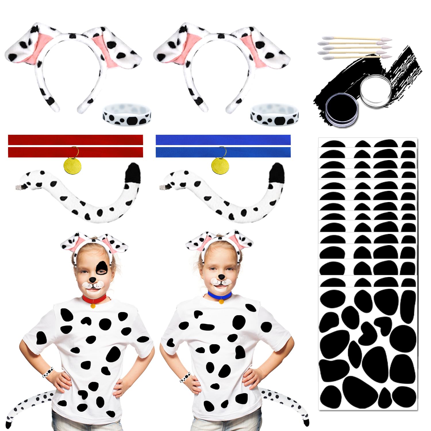 2 Set Dalmatian Dog costume Ear Headband, Bow Tie, Tail set, Silicone bracelet,Collar and 144 Pieces Black Adhesive Felt for Halloween DIY Projects Costume