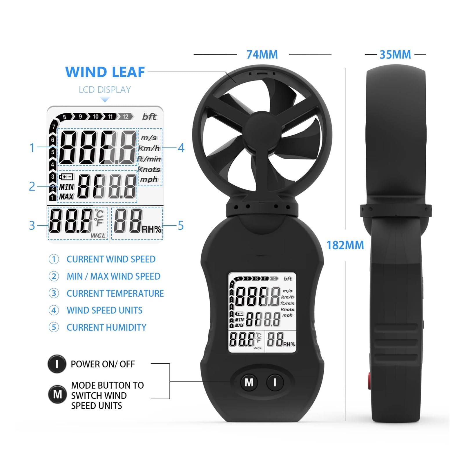 Anemómetro Portátil, Medidor digital de velocidad del viento, anemómetro de mano con retroiluminación LED, selección de unidad, apto for viento, temperatura y humedad.