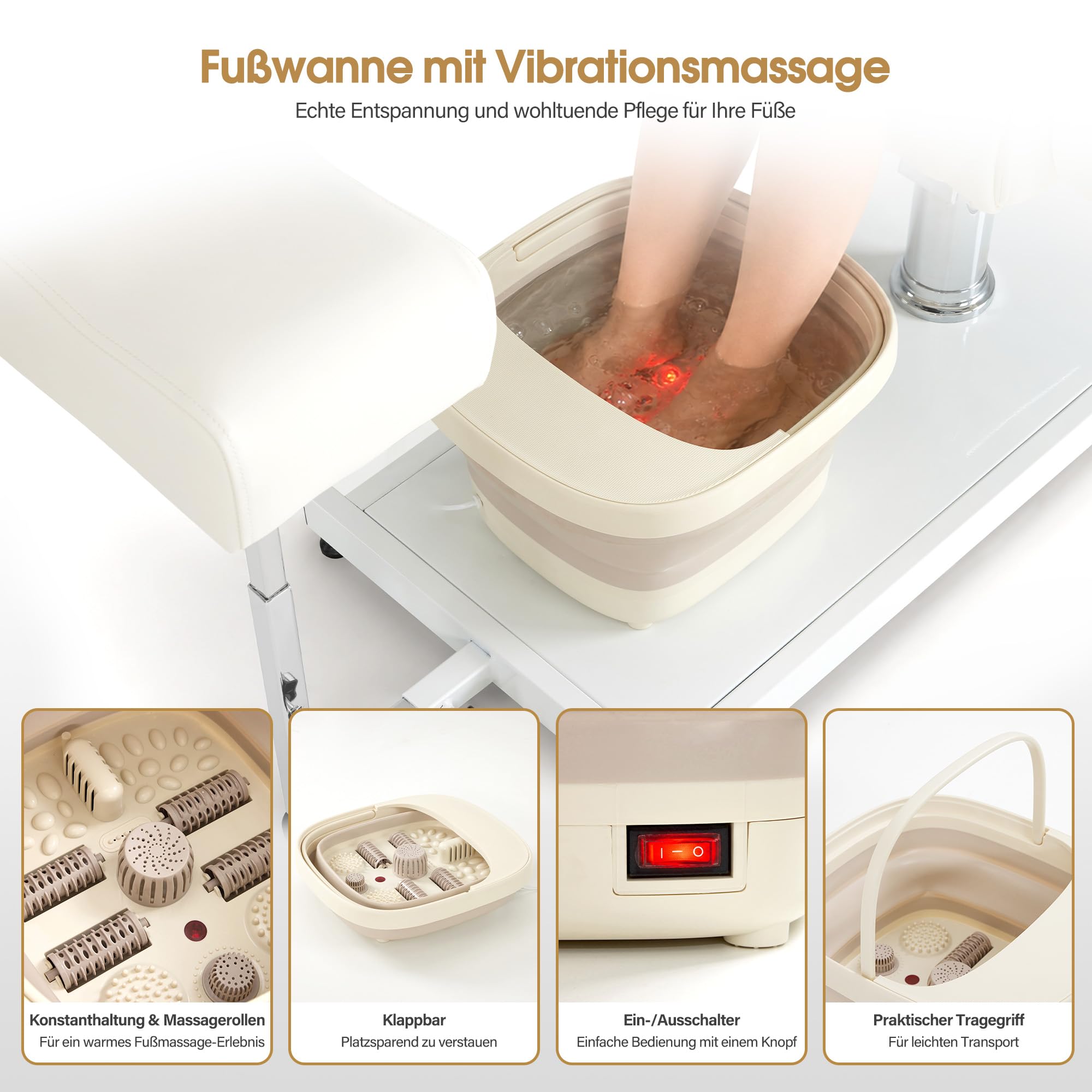 Barberpub Pediküre Stuhl mit Fußbadewanne & Pediküre Hocker, Friseurstuhl mit Goldlackierten Armlehnen, Höhenverstellbar & Kippbar, Fußpflegestuhl für Nagelstudio F0325 (Gold-Weiß)