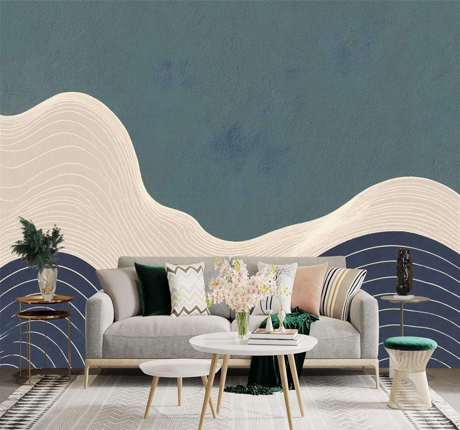 Xlming 350Cm×256Cm(B×H) Abstract Minimalist Blue Beige Wavy Lines Pattern 3D Wallpaper Silky Texture Home Study Office Grey Dining Room Sofa Bedroom Living Room Tv Backdrop-350Cm×256Cm