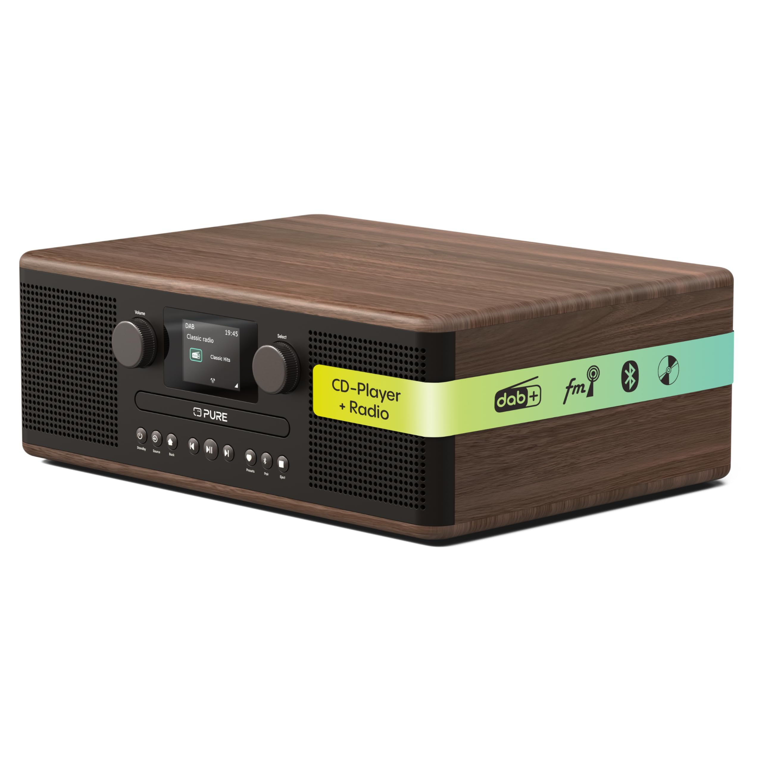 Pure Classic C-​D6 Sistema Musicale (Lettore CD, DAB+/​FM, Bluetooth, AUX, USB, Sveglia/​Timer per il Sonno) Caffè Nero/​Noce