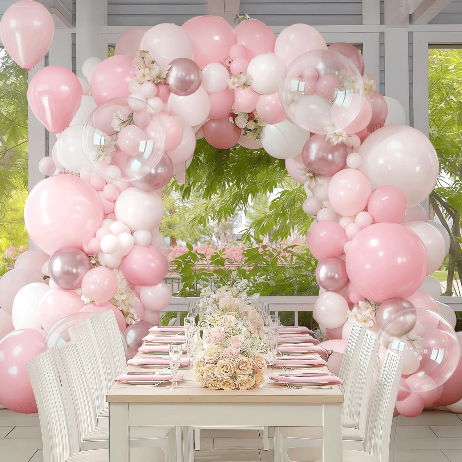 Pink and White Balloon Arch Kit, Pastel Pink Balloon Garland with Dusty Light Pink White Metallic Pink Balloons and Clear Balloons for Bridal Shower Wedding Girl Birthday Coquette Party Decor thumbnail