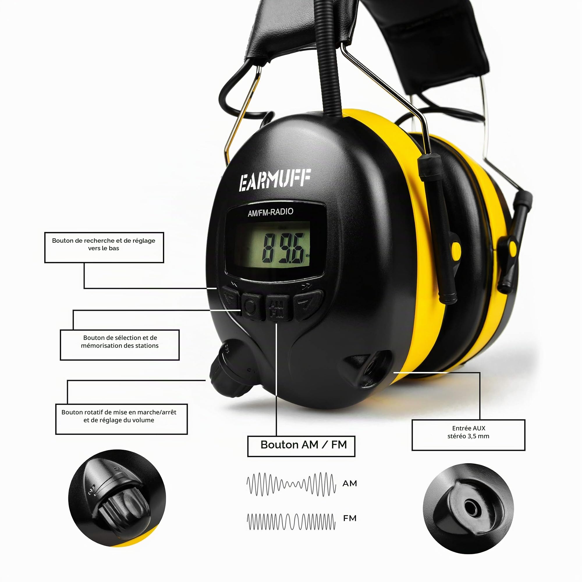 Casque antibruit « EARMUFF » et casque audio - Radio AM/FM, MP3 et téléphone portable