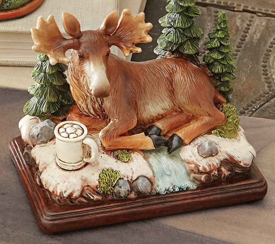 BLACK FOREST DECOR Relaxing Hot Chocolate Moose Figurine – Hand-Painted Resin Woodland Sculpture Featuring Moose Enjoying Cocoa, Rustic Winter Cabin Decor Accent 5.75x3.75x5.25