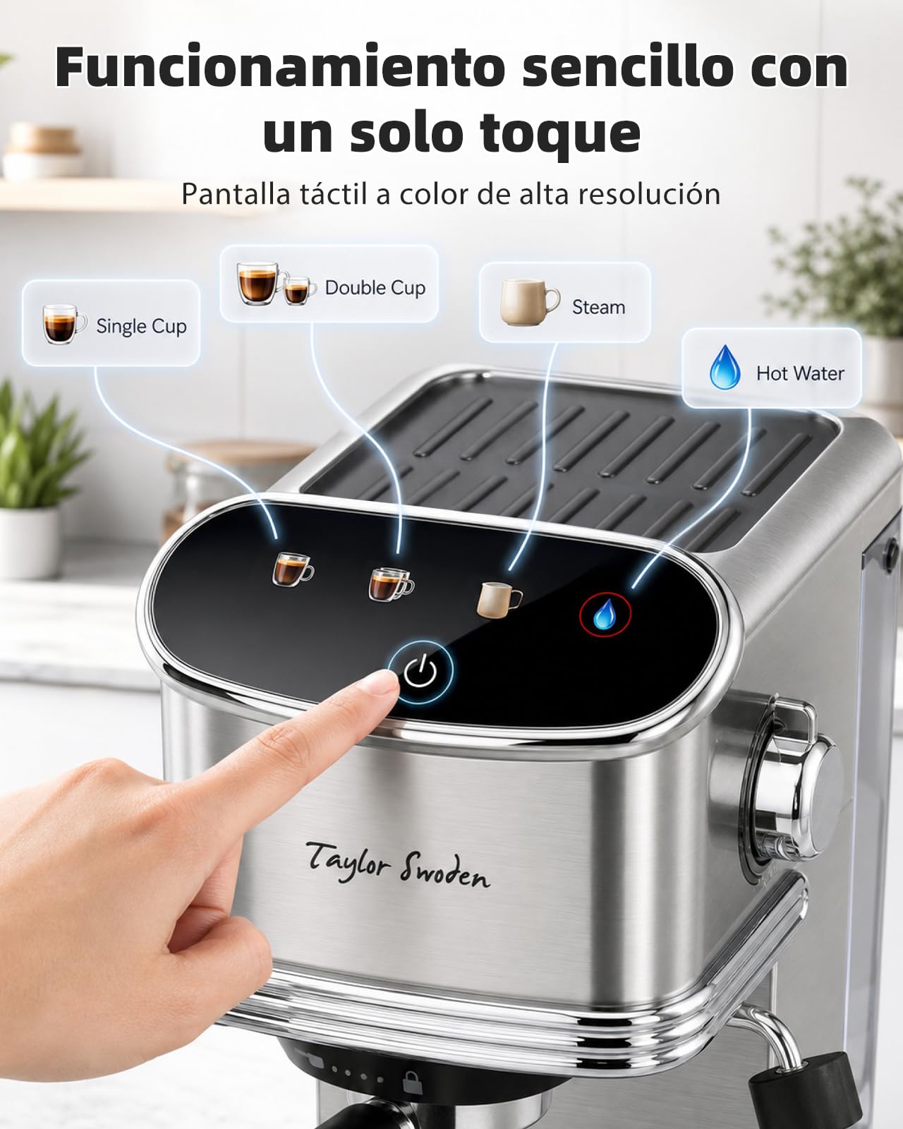 Taylor Swoden Cafetera Espresso 20 Bares, 1450w para Café y Cápsulas, Inox | Función Memoria, LED Touch Pantalla, Agua Caliente, Autolimpieza y Diseño Compacto, Depósito de 1.3 L, Cafetera Capsulas