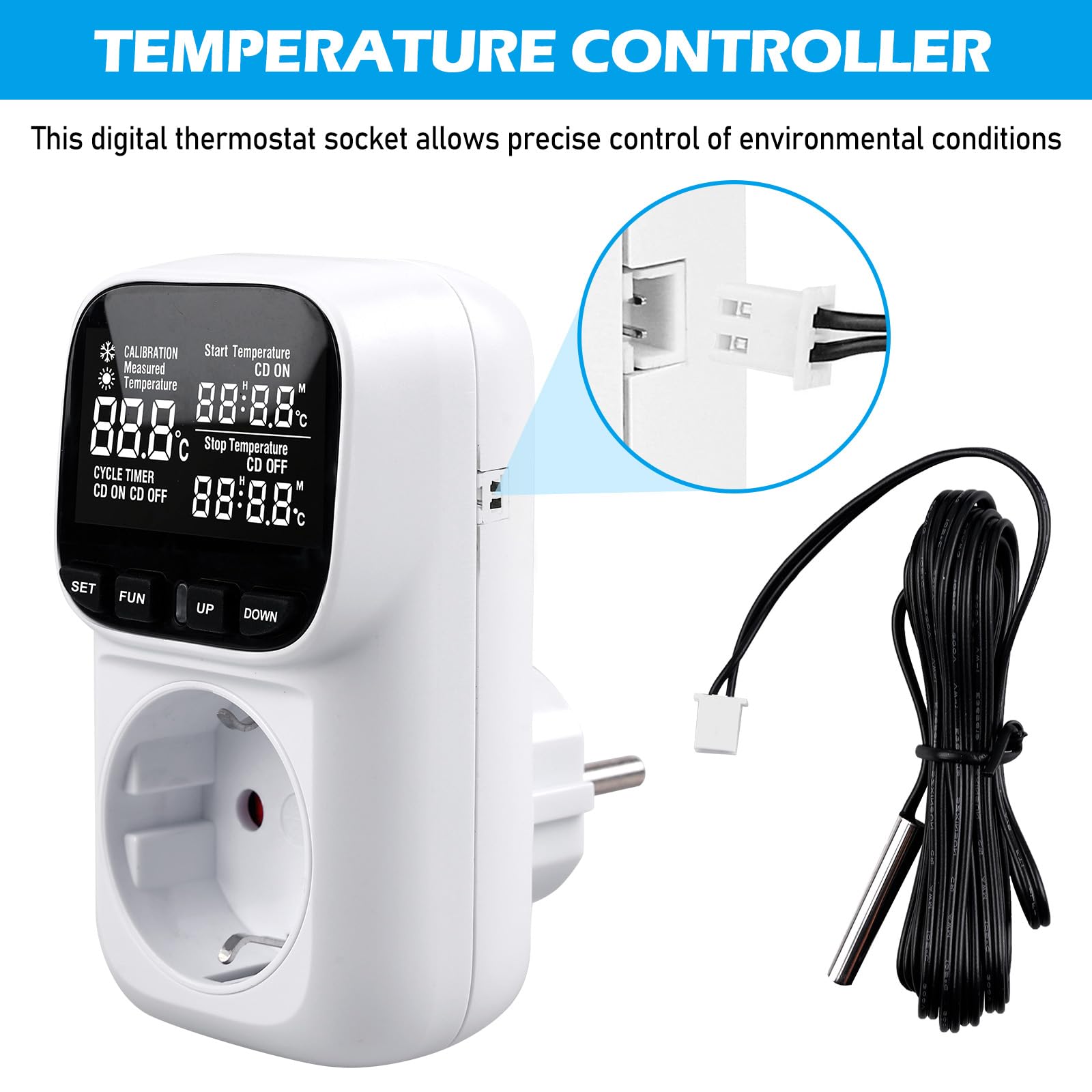 Temperaturregler, Digitaler Thermostat Steckdose, mit VA Bildschirm, Zeitschaltuhr Steckdose, Thermostate, Timer Steckdose, für Gewächshaus, Reptilien, Aquarium, Terrarium, Kühlschrank Fermentation