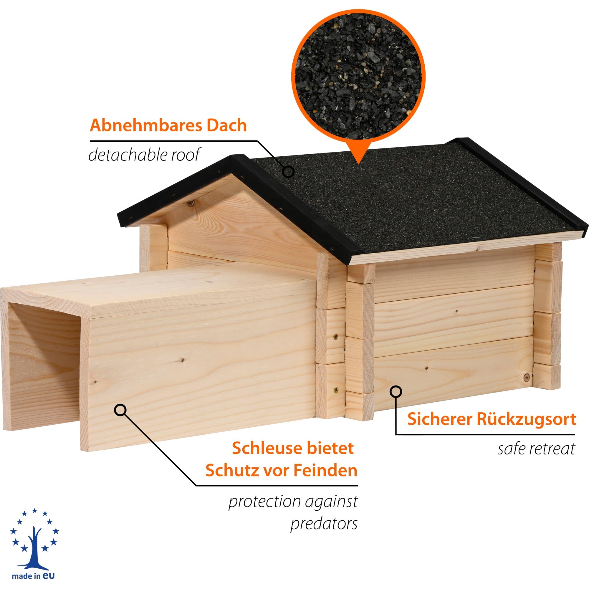 dobar Igelhaus mit Stecksystem Igelfutterhaus Bitumendach Igelhütte langem Eingang Raubtierschutz Winterfest 70x39x31 cm Natur