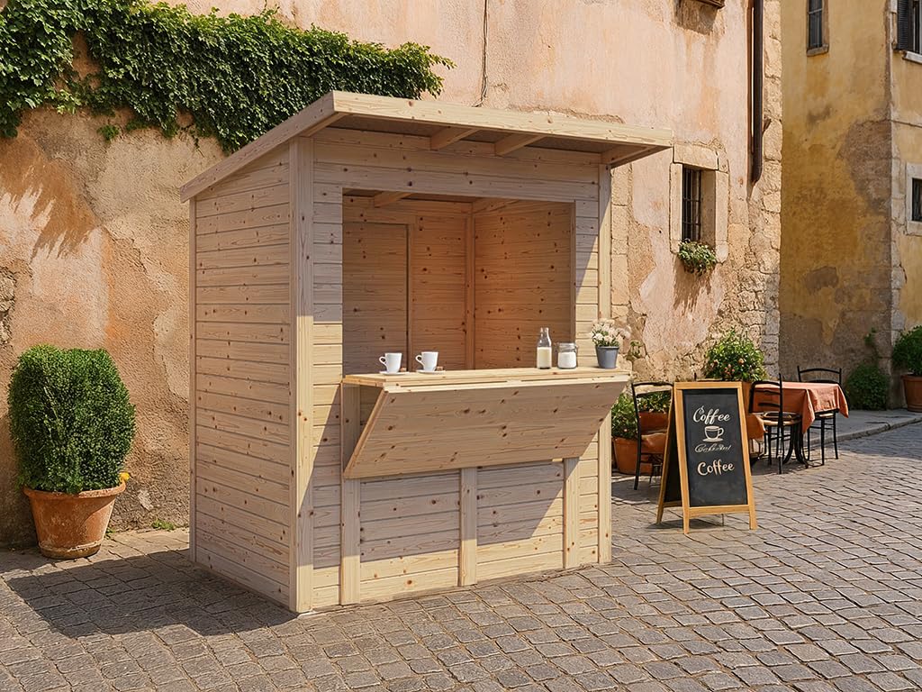 Marktstand Holz | Verkaufsstand Holz | Natur | 177x117x223 cm | mit Boden | mit Dach | Wandstärke 14mm | Dach 12mm | Fichtenholz | Markt | Weihnachtsmarkt | Wochenmarkt | Festival | Outdoor