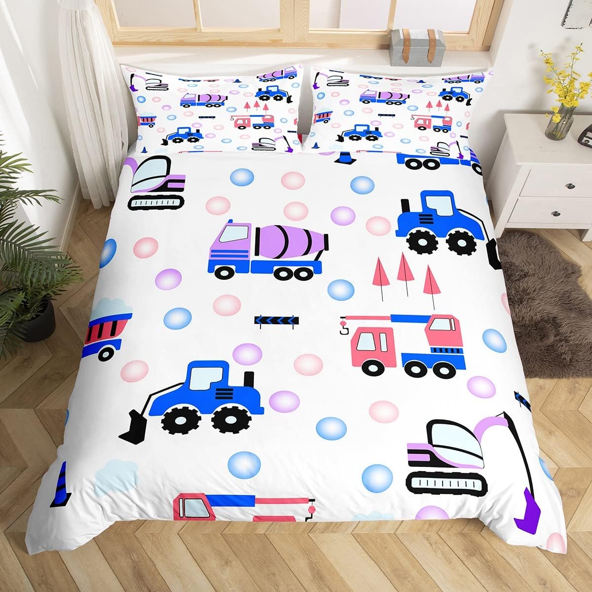 Feelyou Cartoon Excavator Duvet Cover Construction Bedding Set Equipment Trucks Comforter Cover for Boys Girls Teens Cartoon Car Bedroom Decor Tractor Bedspread Cover Twin Size with 1 Pillow