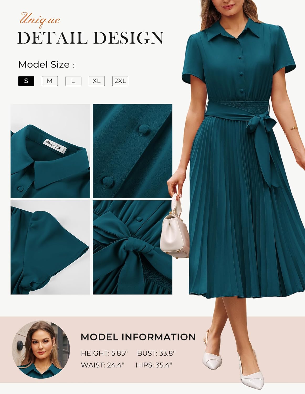 GRACE KARIN Women 2026 Summer Business Shirt Dress,Short Sleeve Collared Neck Button Midi Dresses,Pleated Casual Dresses - Image 5