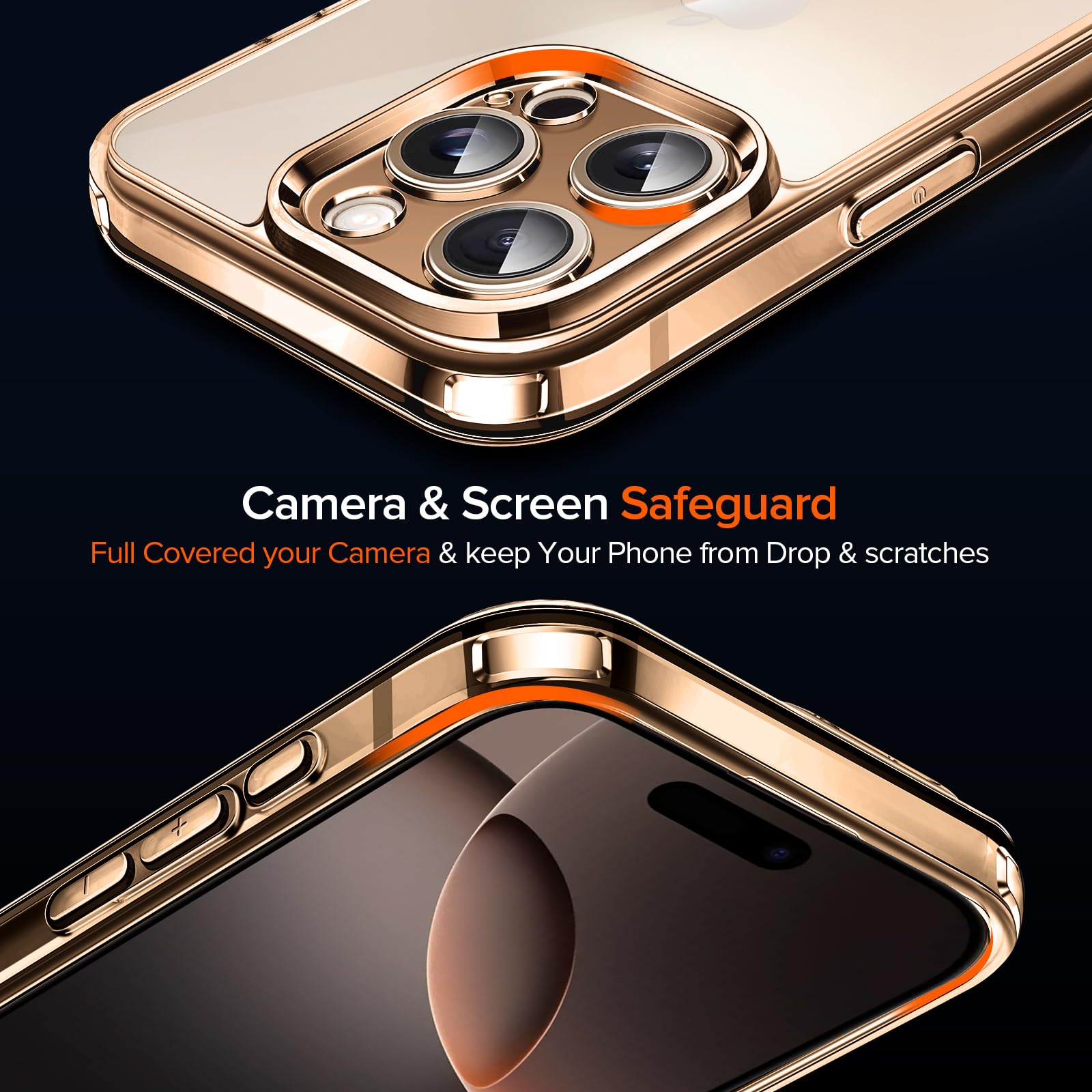iVoler Cover Chiaro per iPhone 16 Pro Max con 2 Pezzi Pellicola Vetro Temperato, [Antiurto di Grado Militare][Protezione Fotocamera] Custodia Trasparente Sottile Anti-Ingiallimento Case - Oro