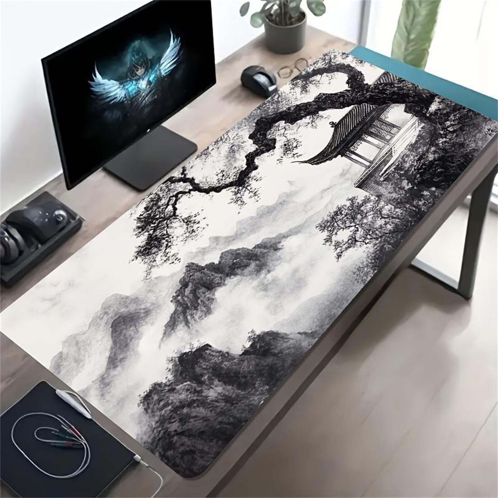 Tappetino Mouse Gaming XXL 1200x600x3 mm, Tappetino da Scrivania Grande, con Bordi Cuciti Rinforzati, Base in Gomma Antiscivolo, Tappetino per Tastiera Lavabile per PC e Laptop, Paesaggi Bianco Nero