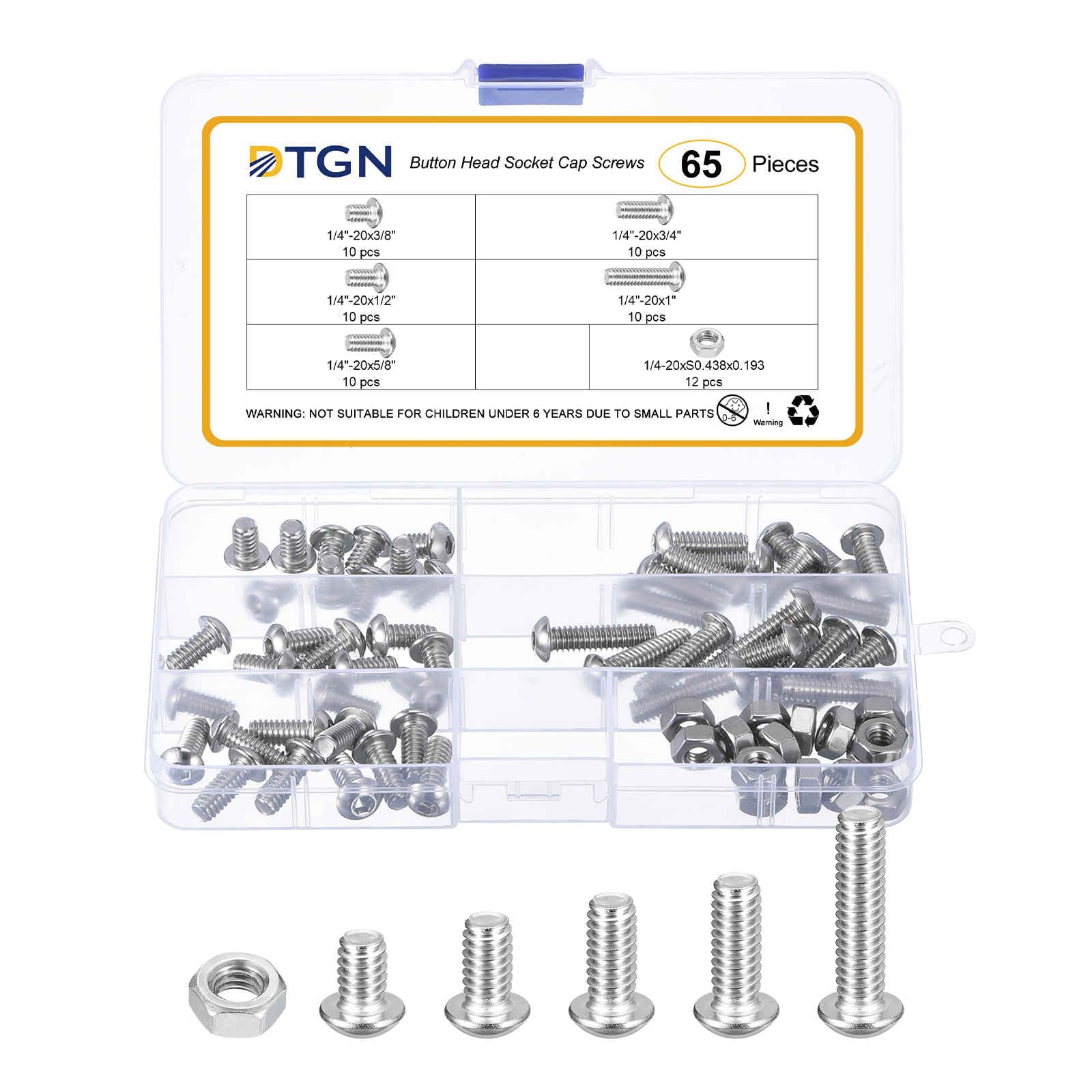 DTGN 65Pcs 1/4-20x3/8" to 1" Button Head Socket Cap Screws, 304 Stainless Steel Bolt Nut Set Washer Assortment Kit