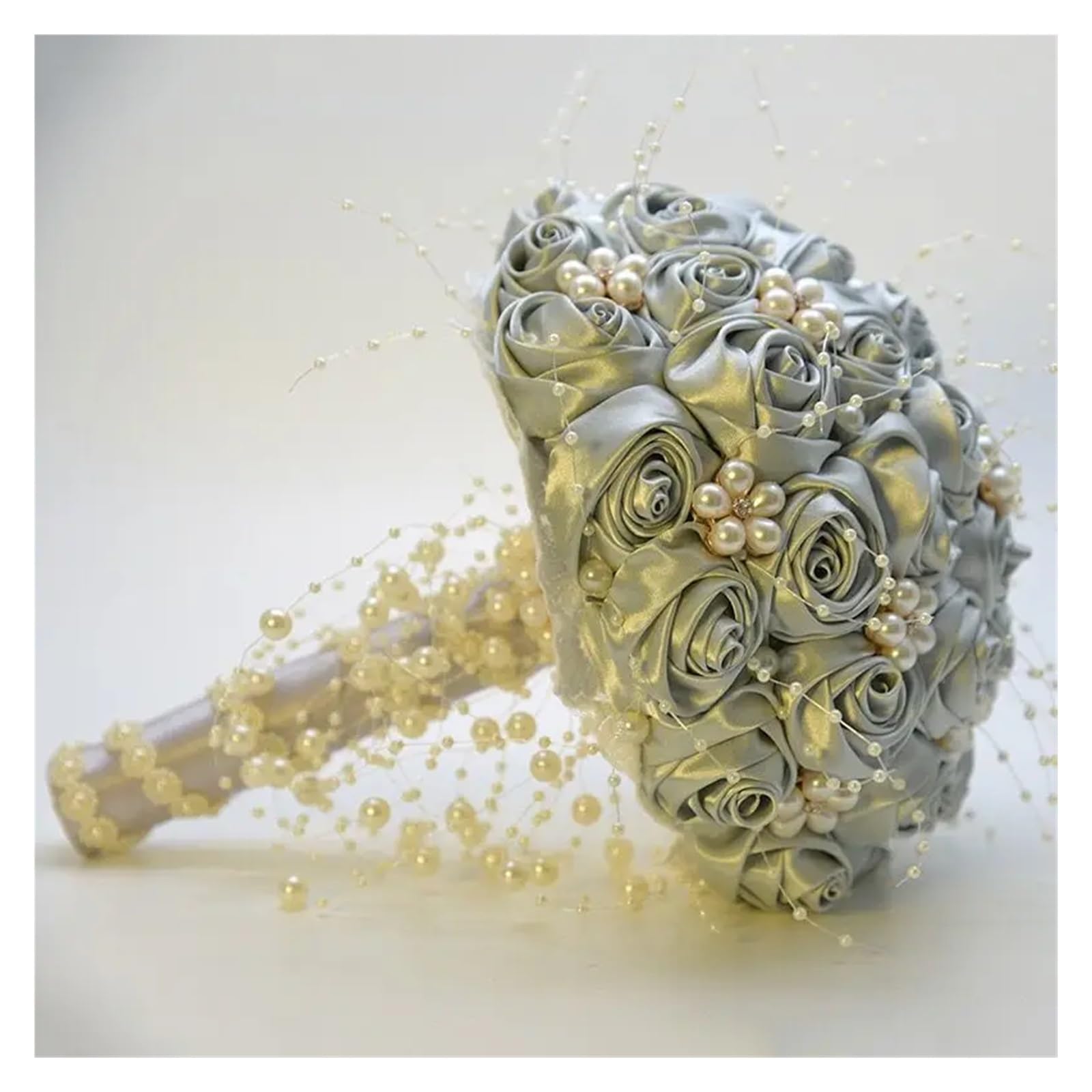 ZGCrumphant Artificial Wedding Bouquet Beautiful Artificial Rose Ribbon Flowers Pearls Beaded Bridal Bouquet Bridesmaid Wedding Bouquets(Silver)