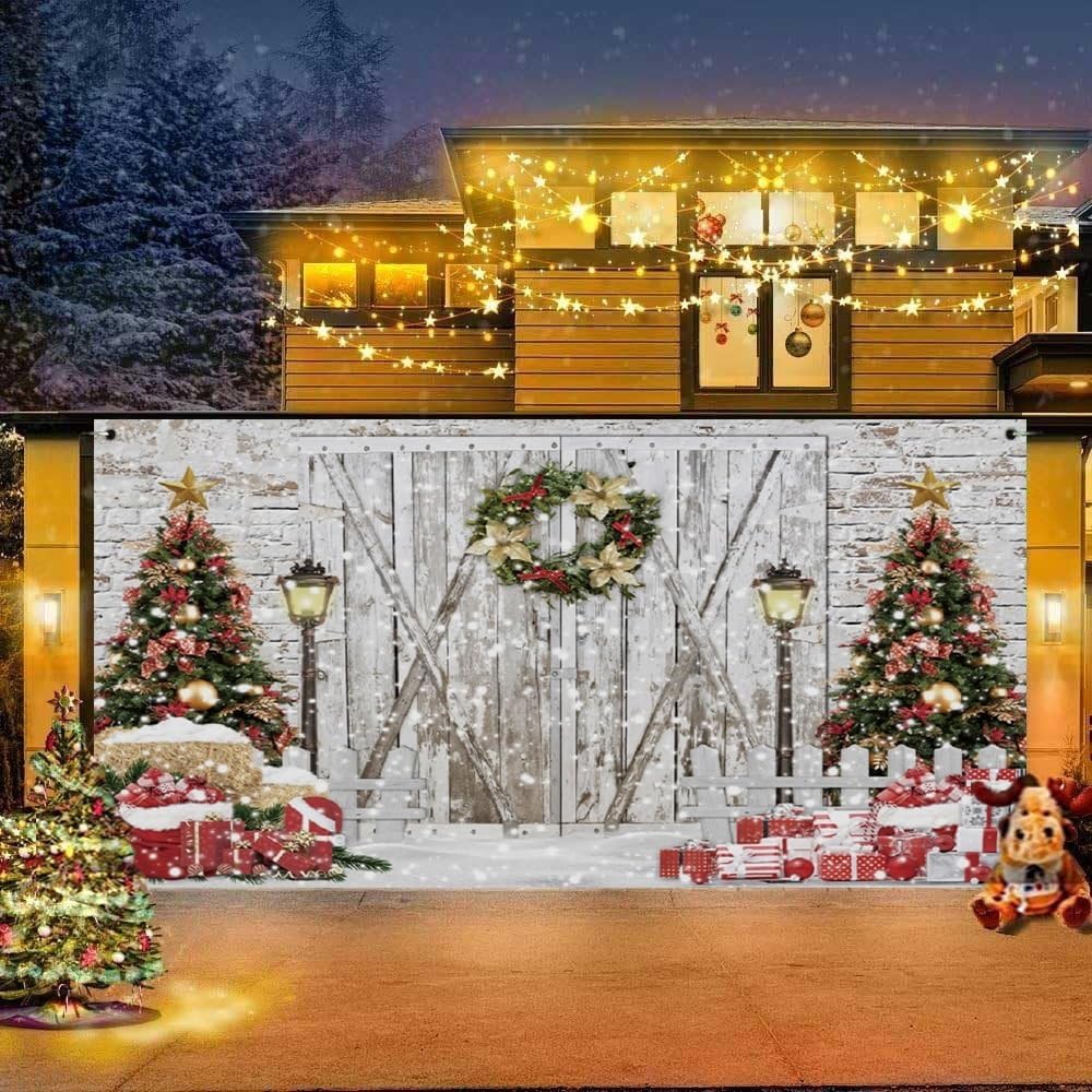 7x16ft Christmas Garage Door Decorations Snowy Winter Christmas Wreath Banner Background Wooden Door Brick Wall Christmas Pine Tree Decor Gold Xmas Balls Gifts Photo Portrait Bokeh Banner