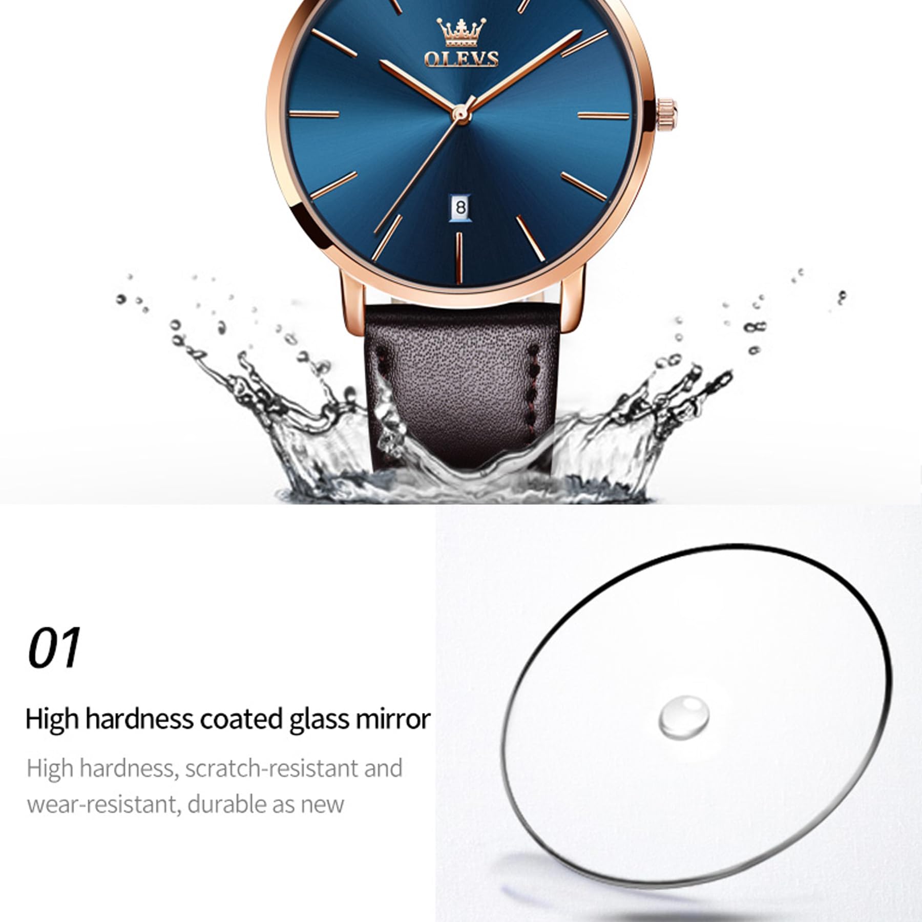 OLEVS Damen-Armbanduhr, 6,5 mm, minimalistisches Design mit Lederband, Datumsanzeige, 30 m wasserdicht, Quarz, ultradünn, Business-Armbanduhr