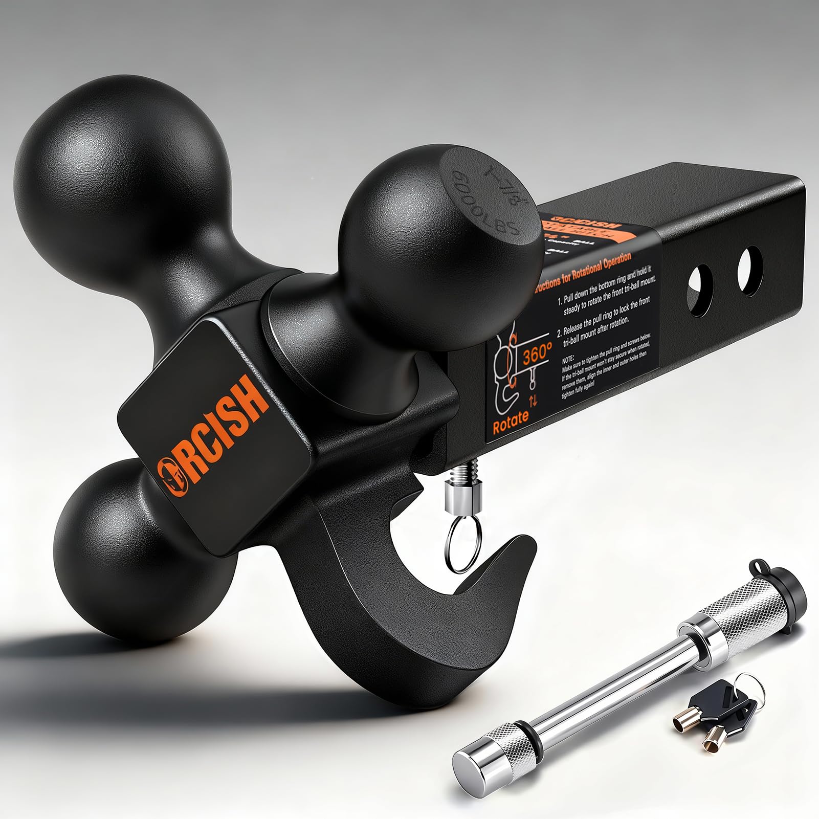 ORCISH 360° Swivel Trailer Hitch, Tri-Ball Mount with Heavy Duty Hook &amp; Anti-Theft Lock, Matte Black Plated Trailer Ball Size 1-7/8", 2" and 2-5/16", Fit 2 Inch Hitch Receiver, Rotating Tow Hitch