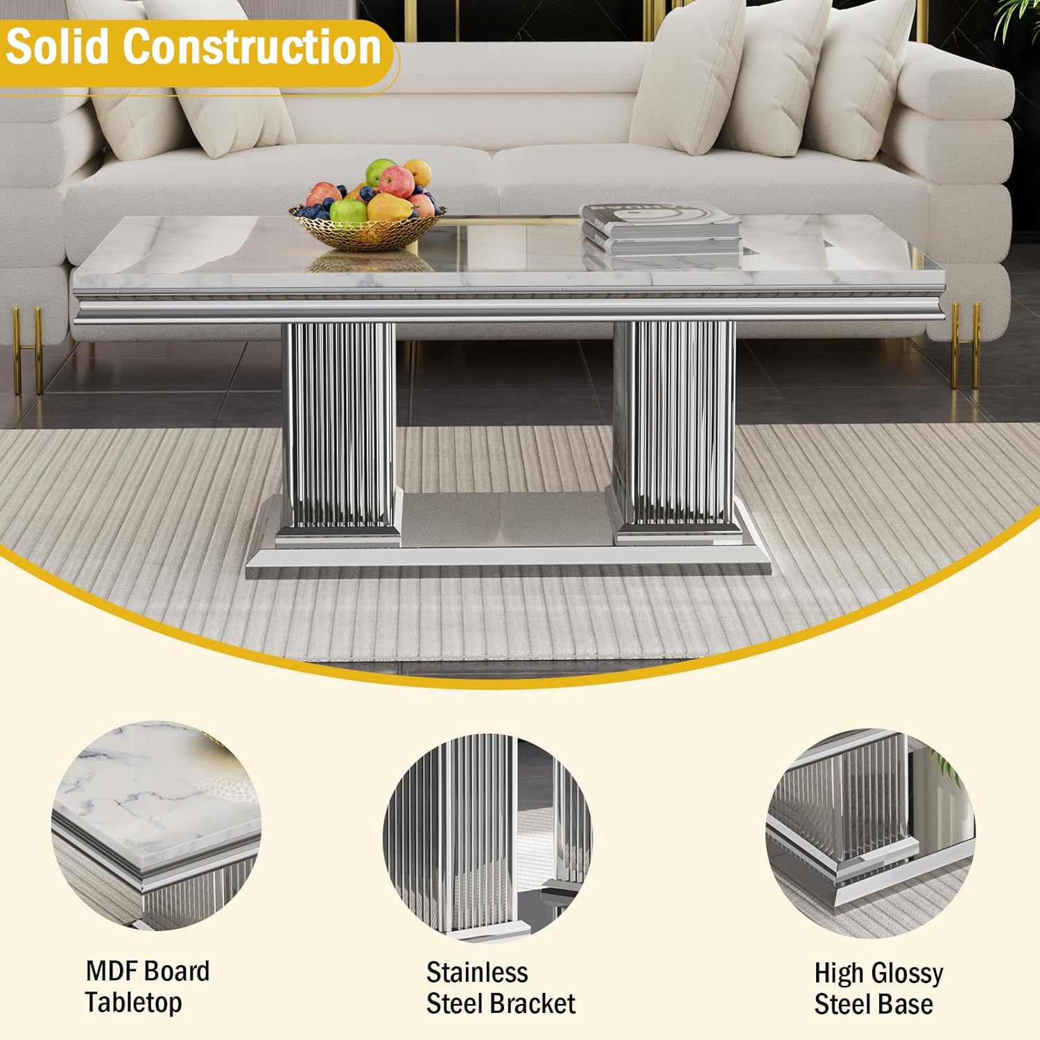 47inch Faux Marble Coffee Table with Pillar Stainless Steel Base, Rectangle White Marble top Centre Table Silver Coffee Table for Home Office, Cocktail Table Luxury Living Room Table