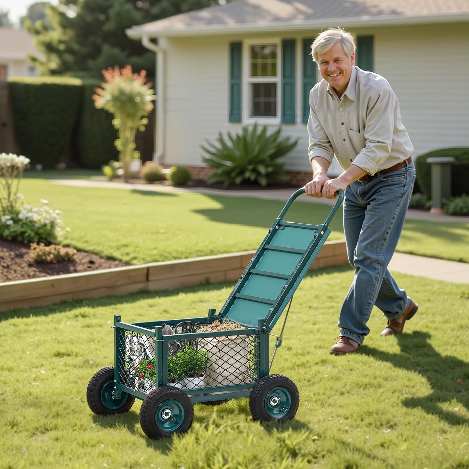 VEVOR Gartenrollsitz 760x520x440 mm, Rollbar Gartensitz aus Metall mit Rädern, trägt bis zu 180 kg, Rollsitz, Outdoor-Wagen und Hocker auf Rädern für Rasen, Terrasse, Hinterhof