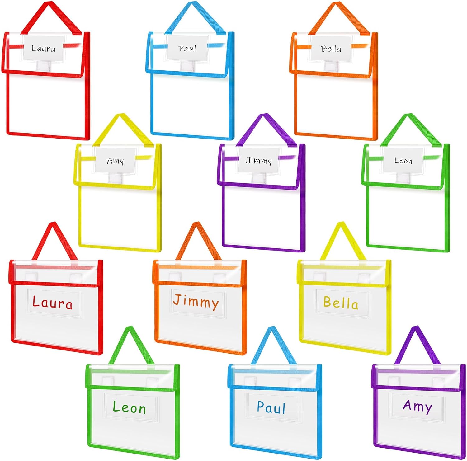 Teling 12 Pack Thick Clear Book Pouches with Blank Name Tags and Handles Book Baggies Bags Bins Organizer for School Classroom Library Pockets Students (14 x 11 Inch,Pastel Color)
