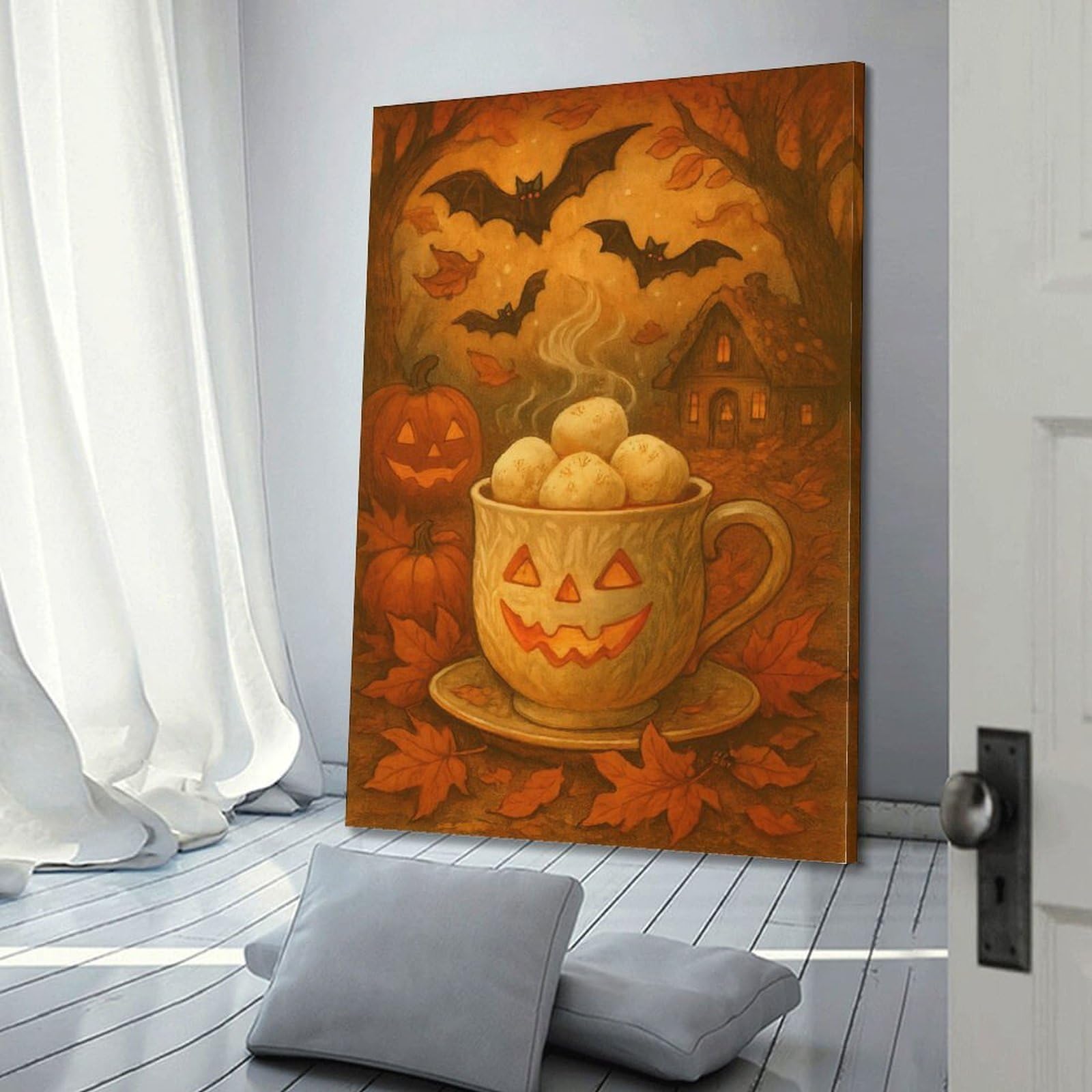 Poster moderno da parete su tela, stampa artistica da parete, poster di Halloween, tazza di zucca, bevande calde e ha un senso del festival, decorazioni per Halloween, 50 x 75 cm, con cornice