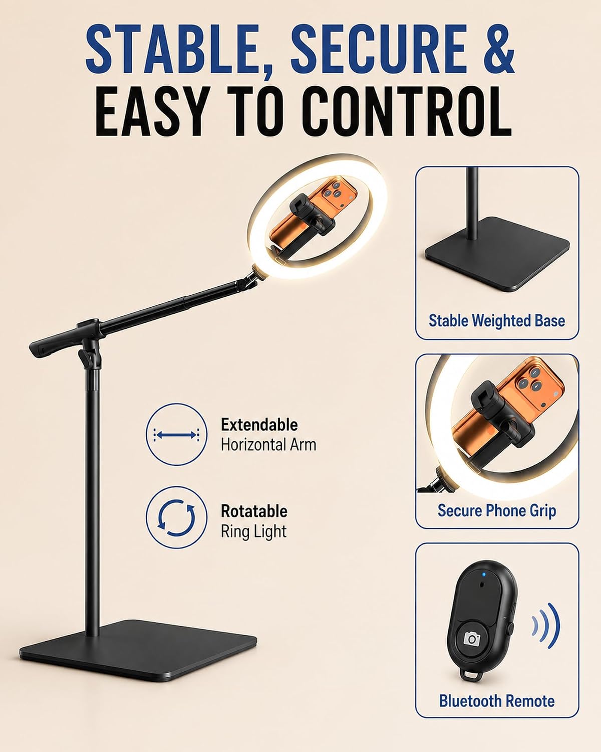 LUXSURE 10" Overhead Ring Light for Desk with Weighted Base, Freestanding Telescopic Phone Mount, Phone Stand with Light & Remote for Video Recording, Cooking, Crafts, Live Streaming 8 71jvPyuyAWL. AC SL1500