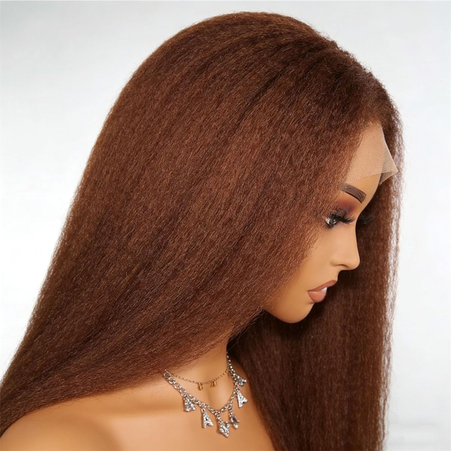 Brown Kinky Straight Wigs Human Hair 13x4 Lace Front Wigs Human Hair Pre Plucked Invisible Knots Chestnut Brown Yaki Straight Brazilian Hair Glueless Wig 14 Inch
