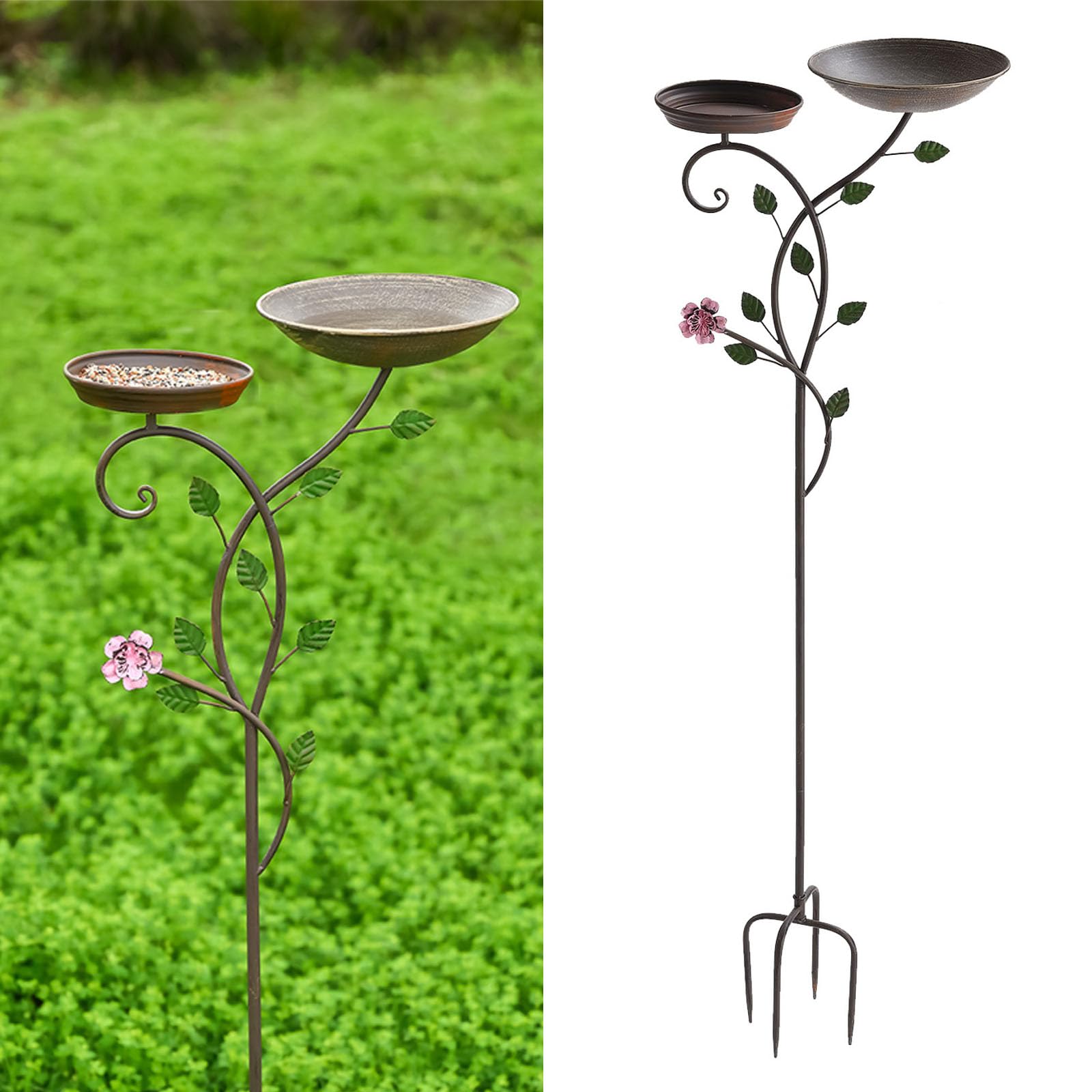 Baño y comedero para pájaros al aire libre, baños de pájaros de 56 pulgadas de alto para exteriores y balcón, comedero de pájaros, 2 en 1 de pie con flor, baño de metal para pájaros y comedero para