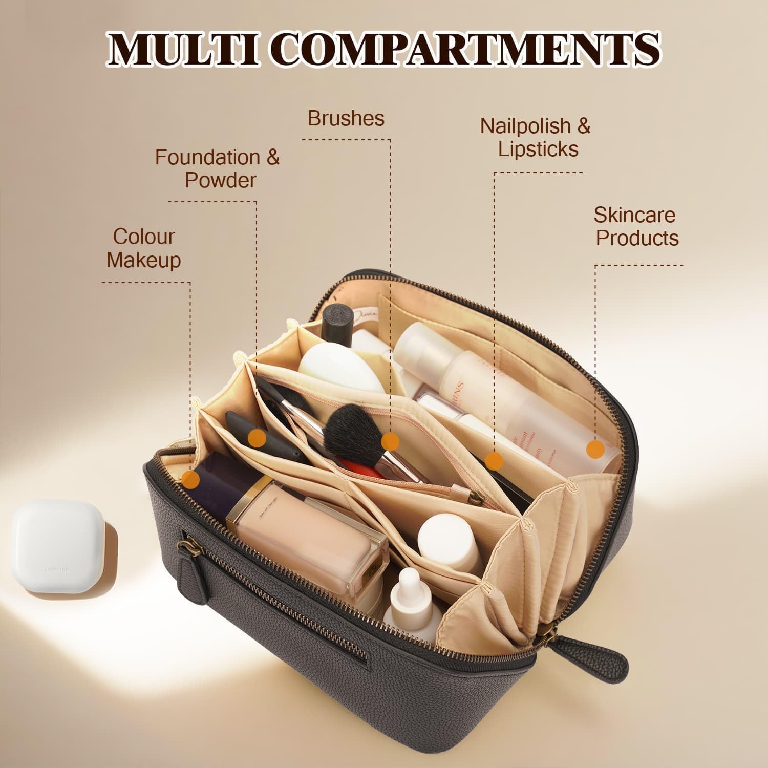 Travel Makeup Bag Large Capacity Cosmetic Bags for Women Waterproof Make up Organizer Toiletry Bag Open Flat Portable with Divider with Handle Pouch (Black, 2L) - Image 3