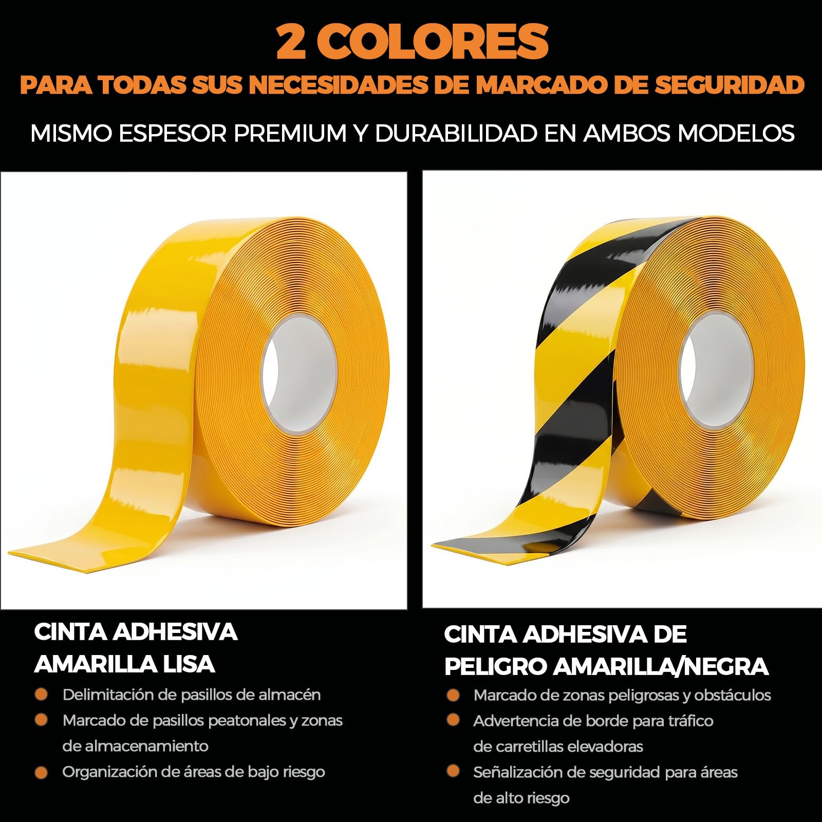 Cinta de Marcaje de Suelo, 50 mm x 30 m, Negro Amarillo | 1,1 mm De Grosor, Reforzada y Resistente al Desgaste, Fuerte Adhesión, Para Almacén e Industria