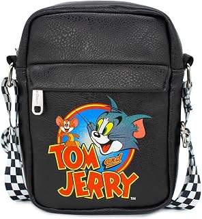 Unisex's Hanna Barbera Bag, Cross Body, with Tom and Jerry Logo Pose, Black, Vegan Leather Crossbody, 8.0" x 6.5"