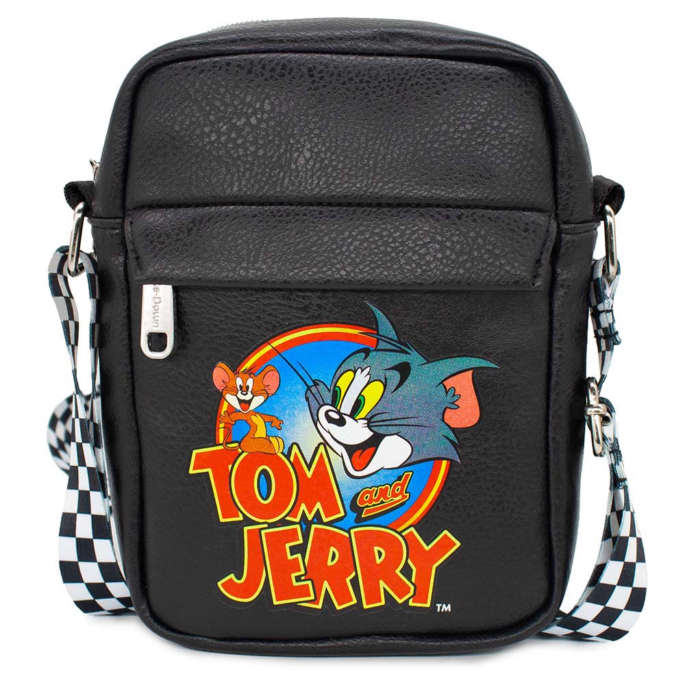 Buckle Down Hanna Barbera Bag, Cross Body, with Tom and Jerry Logo Pose, Black, Vegan Leather, Tom and Jerry, 8.0" x 6.5"