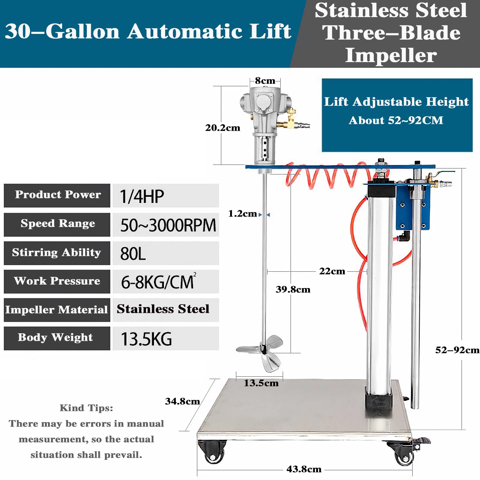 TGBHM 30 Gallon Paint Mixer Machine 1/4HP Automatic Lifting Air Agitator Pneumatic Mixing Machine with Stand Height Adjustable Ink Coating Mix Tool,Stainless Steel Blade