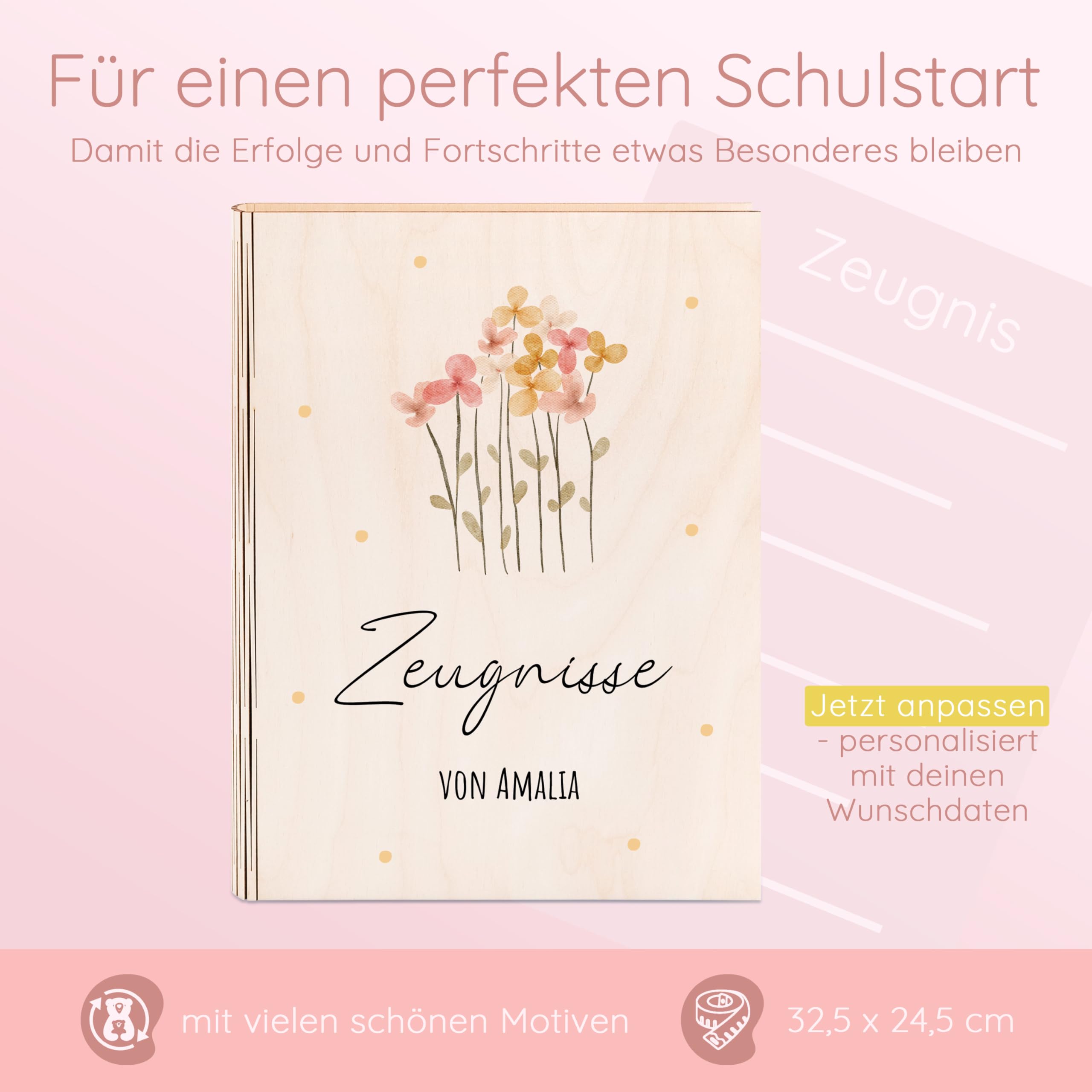 Bärenfreunde® - Personalisierte Holzzeugnismappe mit hochwertigem Spezial-Druck - Einschulung Geschenk für Jungen & Mädchen (Blumen Punkte)
