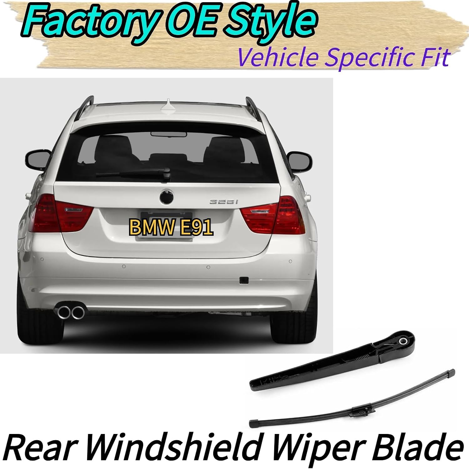 Rear Wiper Blade & Arm Replacement for BMW E91 Wagon 2007-2012 2011 2010 2009 2008 328i 328xi 328i xDrive Base Trims Rear Back Windshield Wiper Blade Set