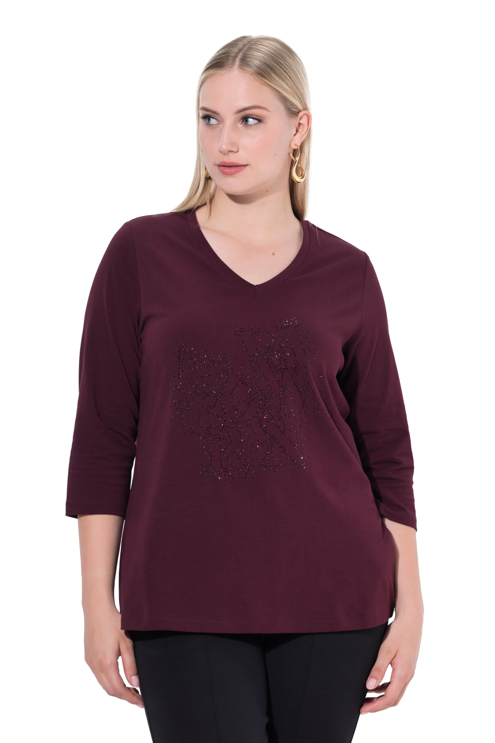 Ulla Popken Damen große Größen Übergrößen Plus Size Shirt, Ziersteine, Classic, V-Ausschnitt, 3/4-Arm 843260