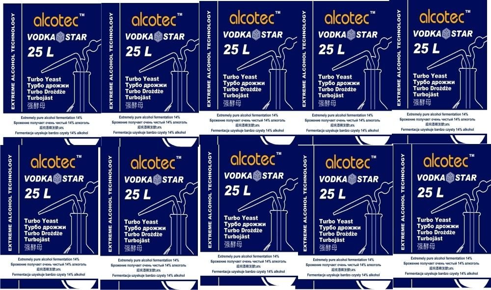 Alcotec Vodka Star 10 x 66g - Turbohefe für schnelle Gärung - Hoch - Adult - Pulver - unflavored - 21 Liter - Neutraler Alkohol - Kühl und trocken lagern