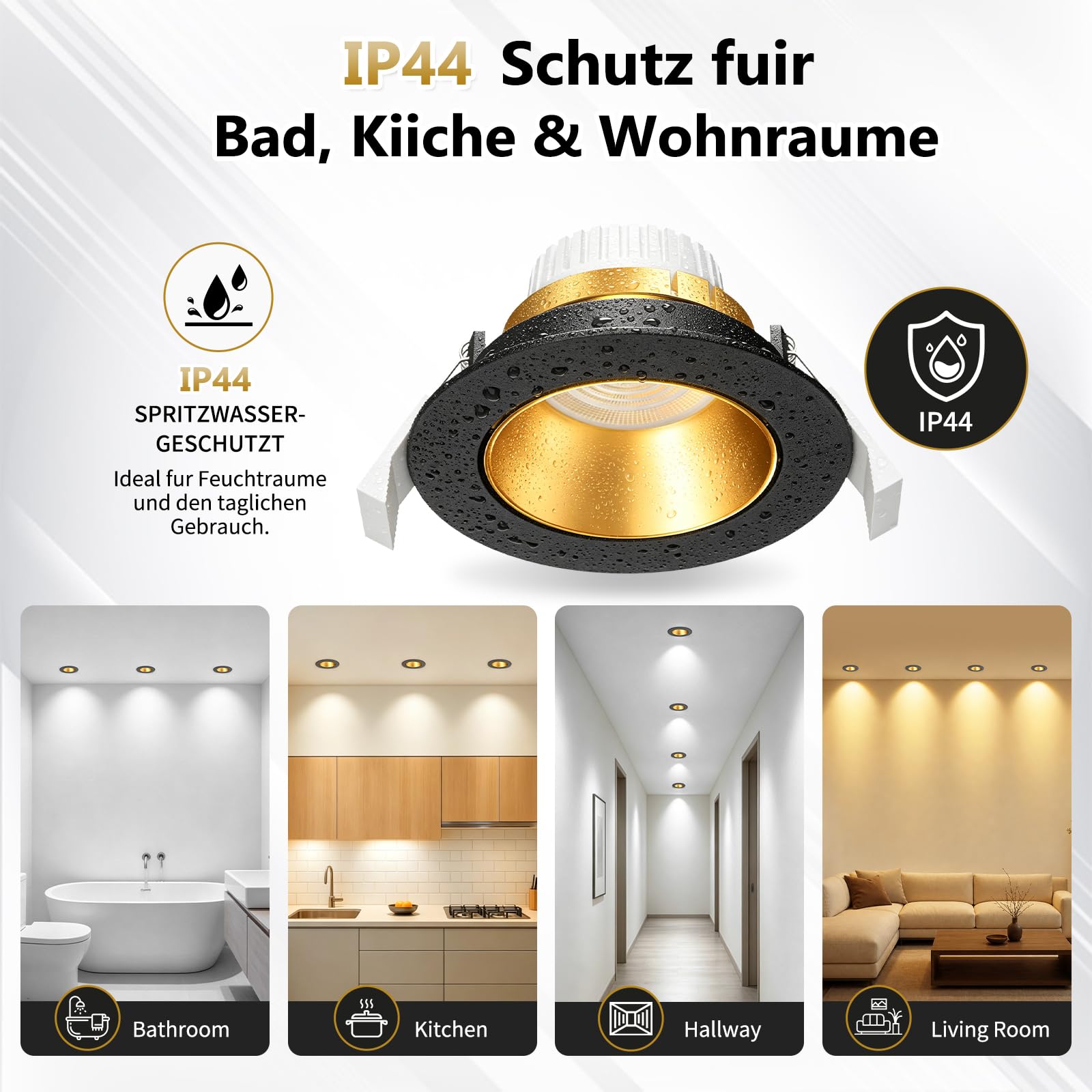 YindaLux 6X Faretti LED da Incasso 230V Dimmerabili, 5W 550LM 3000K/4000K/6500K, Faretti da Soffitto Orientabili IP44, Riflettore Profondo, Modulo LED Rimovibile, 38°/120°, Foro Ø75-80mm, Nero Oro
