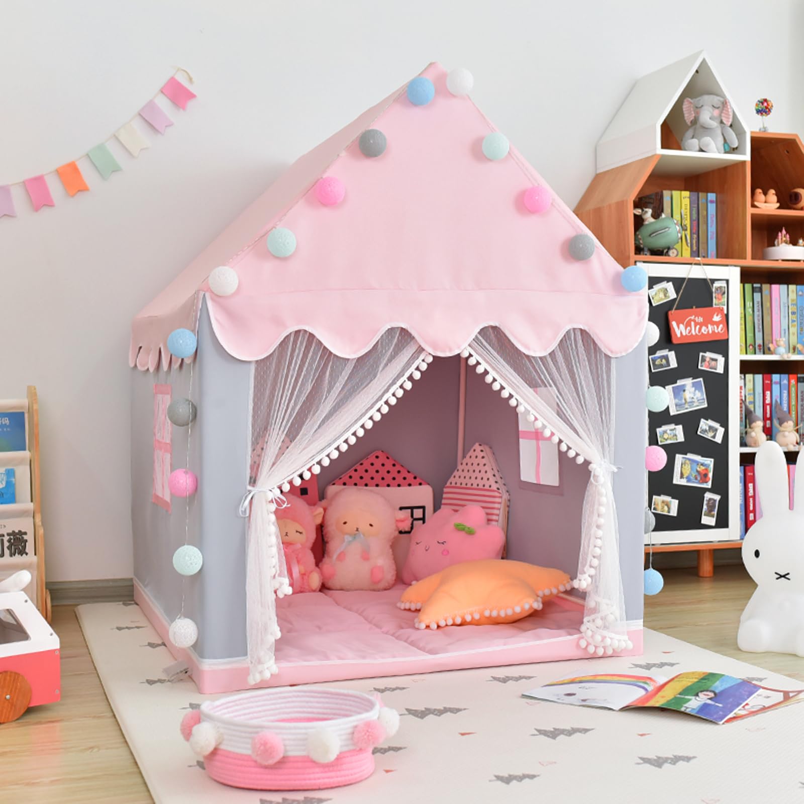 Tenda per Bambini Cameretta, Tenda Gioco Bambina Capanna per Ragazza da Interno, Casetta per Figliola‌ per Regalo di Natale (Rosa & Grigio,100×120×130cm)