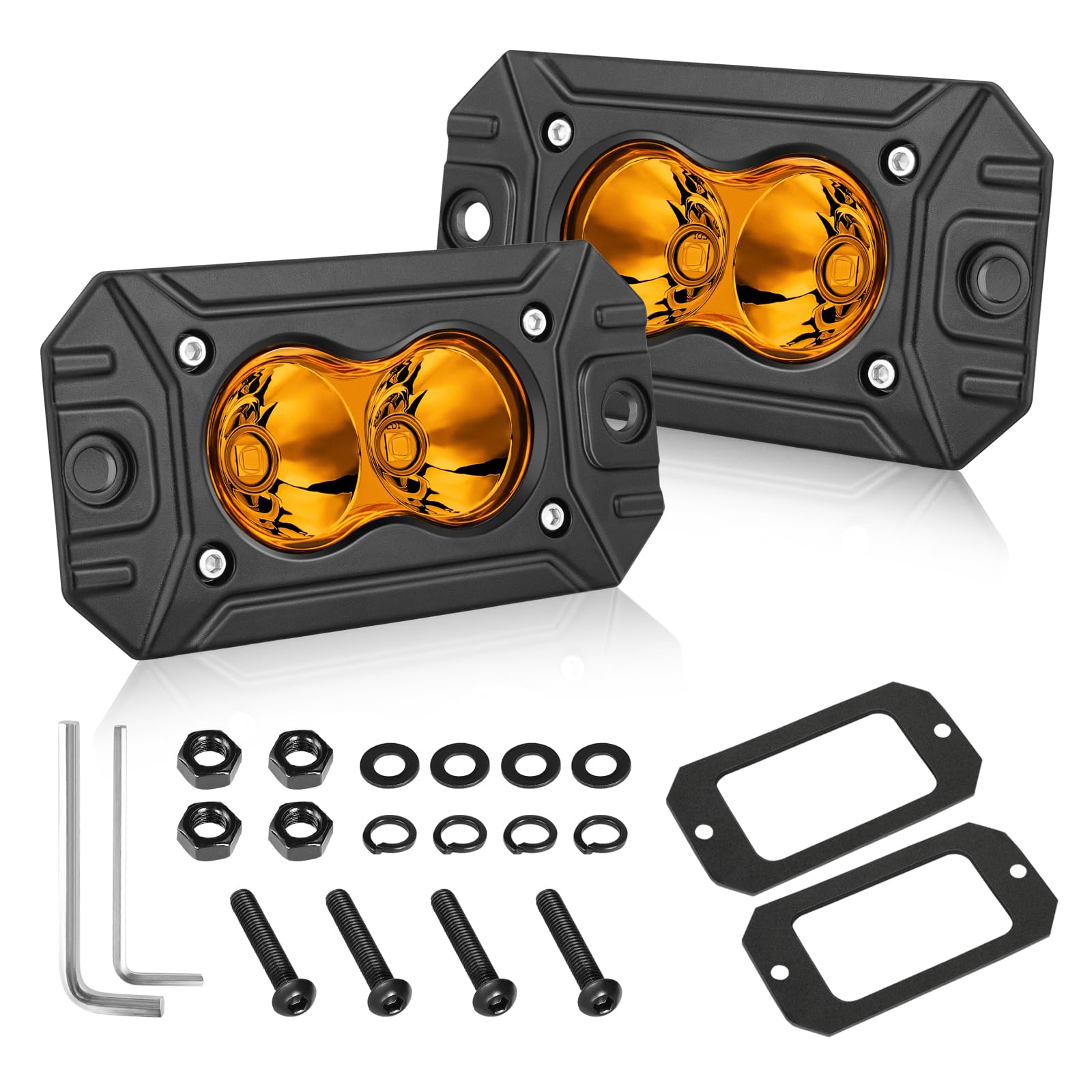Amber Flush Mount LED Pods, AKD Part Spot CREE LED Flush Mount Fog Lights 40W Amber Chase Lights Bumper Driving Backup Reverse Light Pods for Trucks Pickup SUV UTV ATV Snowmobile