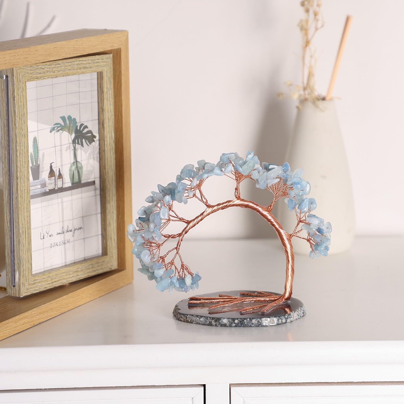 Arbre De Vie En Cristal Aventurine Verte Et Aigue-marine Sur Socle En Agate - Fait Main - Décoration Feng Shui 4.5-5.2 Pouces - 6