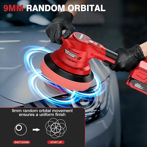 Miniatura 6 de Pulidora inalámbrica sin escobillas para automóvil, pulidora orbital aleatoria de 6 pulgadas con 8000 rpm, 8 velocidades variables, 2 baterías,