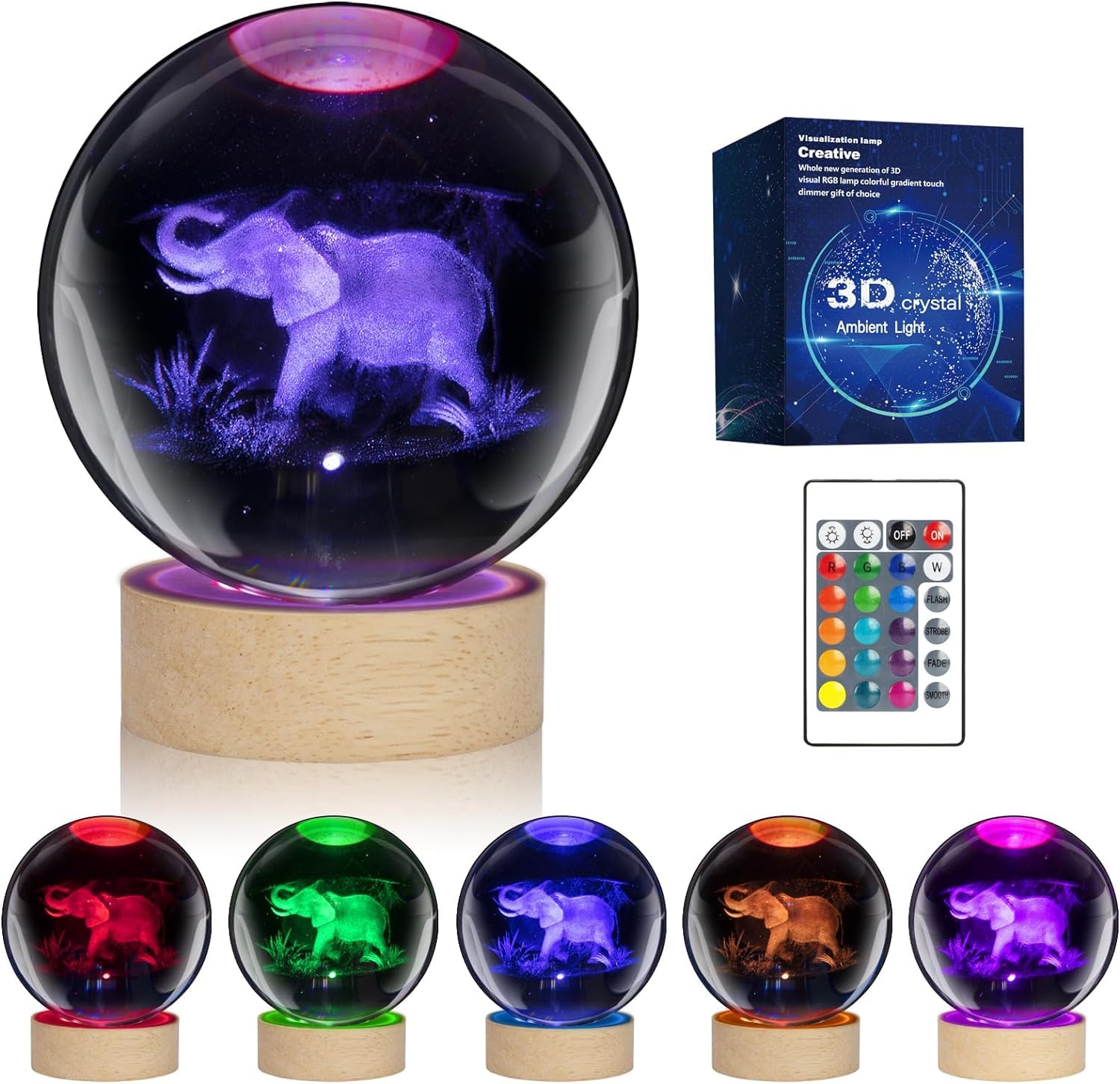 3D Elephant Crystal Ball Night Light with 16 Color LED Wooden Base with Remote Control,3.15 Inch Axolotl Glass Ball,Cool Desk Decor Gifts for Kids Girls Boys Friends Fans (Elephant)