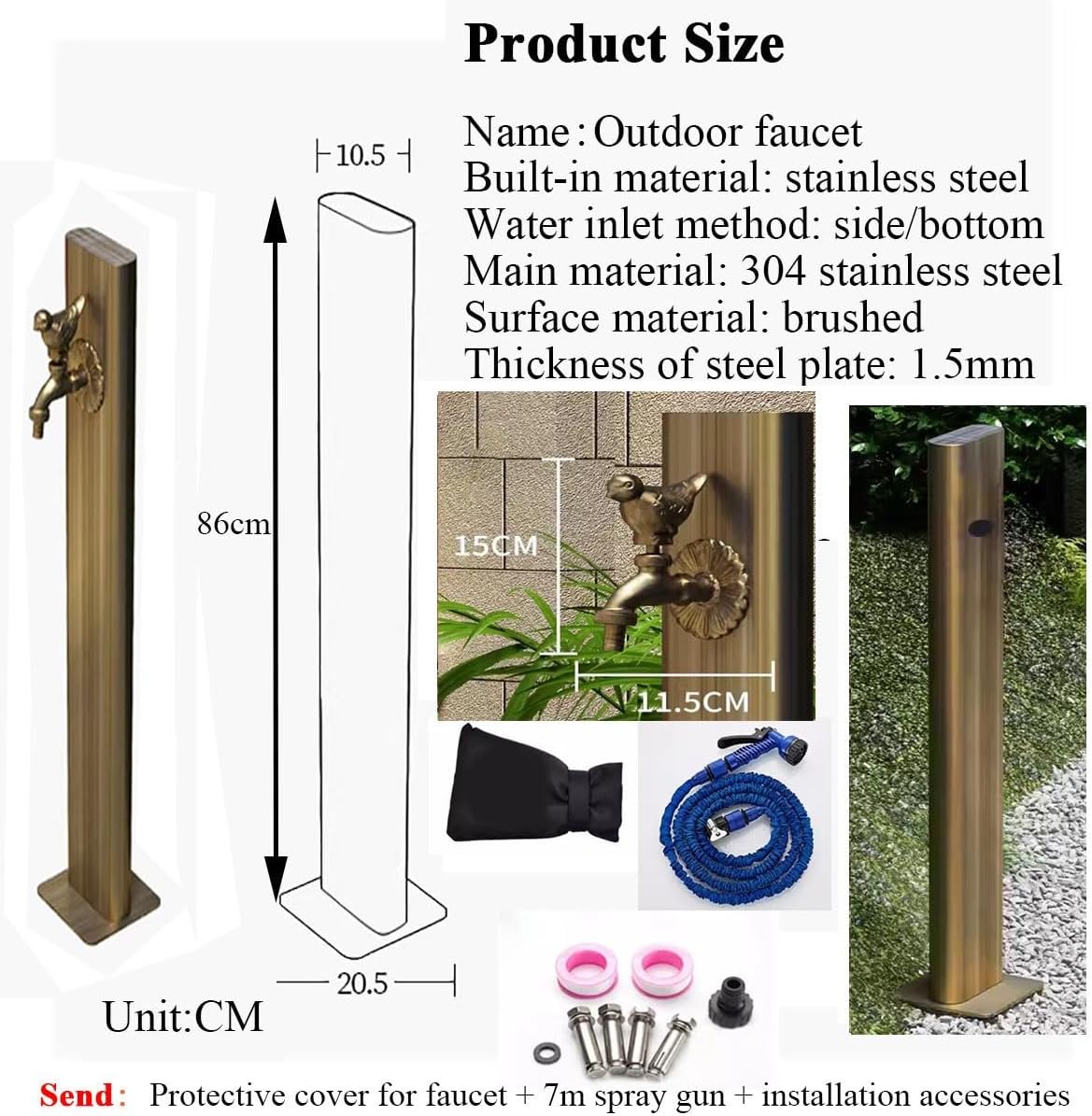 Freestanding Outdoor Water Faucet Post with Brass Tap, Anti-Freeze Garden Hose Holder Stand, Vertical Hydrant Fountain for Courtyard Irrigation, Floor Mount Water Feature