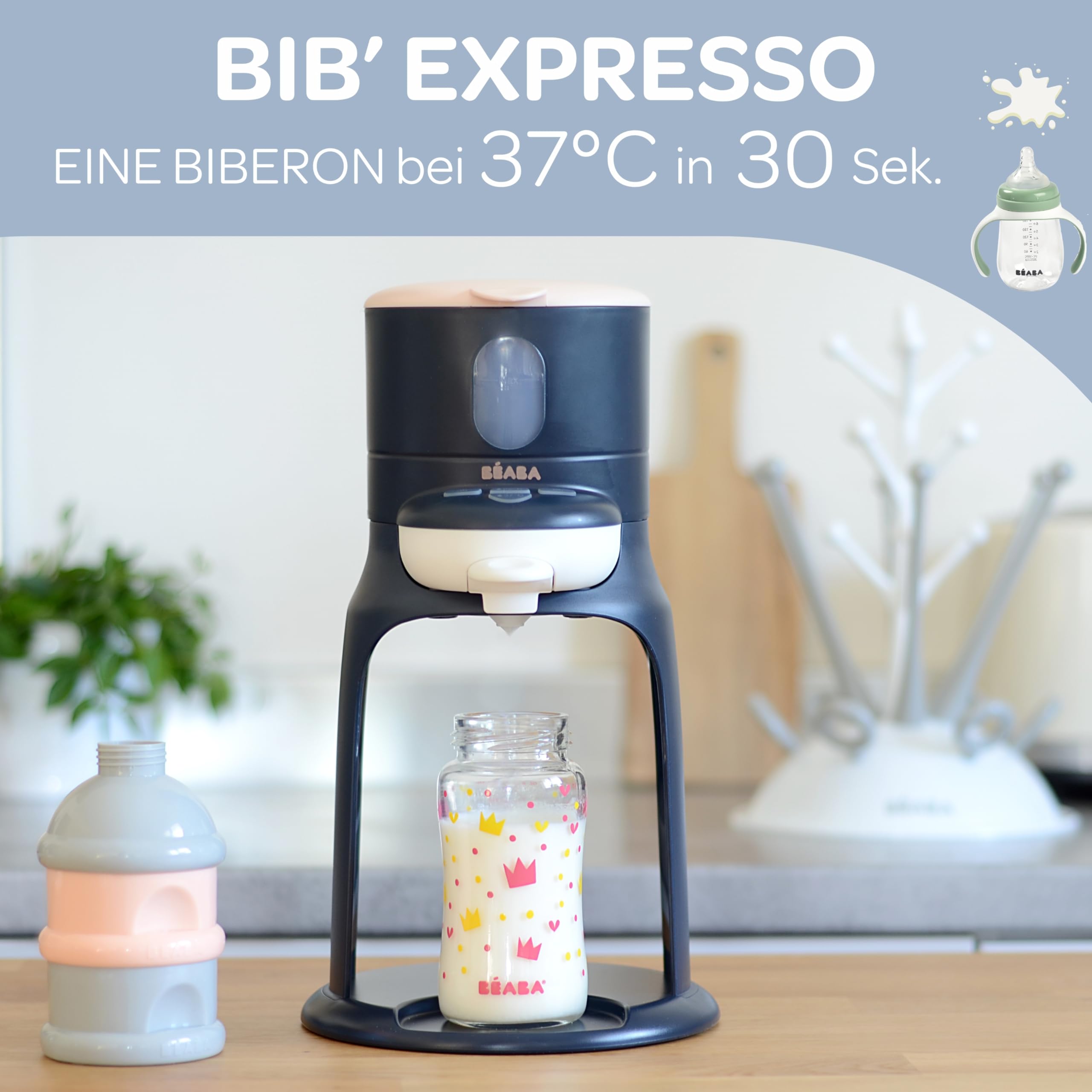 BÉABA, Flaschenbereiter/Wärmer Kleine Töpfe, Wasserspender mit exakter Temperatur, sofort, schnell, Bain Marie-Funktion, 2 Temperaturen, abnehmbarer Flaschenwärmer, Bib'Espresso, Dunkelblau