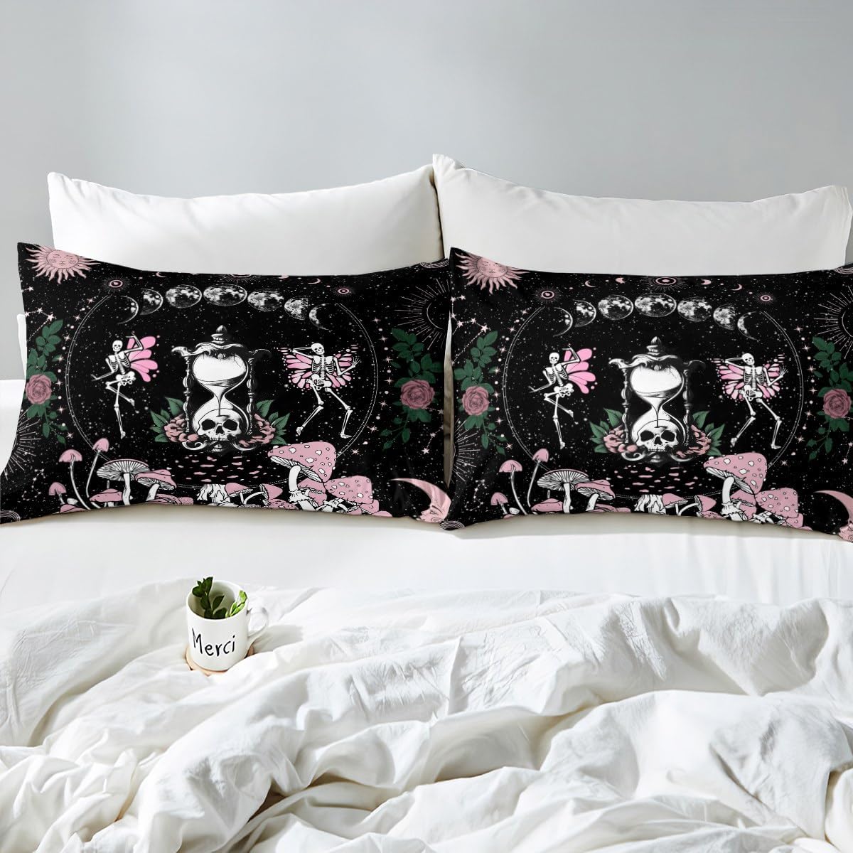 Sun and Moon Duvet Cover Set King Size,Pink Mushroom Bedding Set Gothic Sugar Skull Star Galaxy Comforter Cover for Kids Boys Girls Woman Room Decor Boho Hippie Black White Quilt Cover,2 Pillowcases