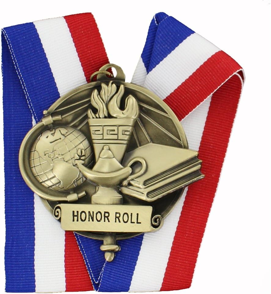 SHOP AWARDS AND GIFTS Academic Award Medal with Neck Ribbon, Honor Roll Imprint, Pack of 3