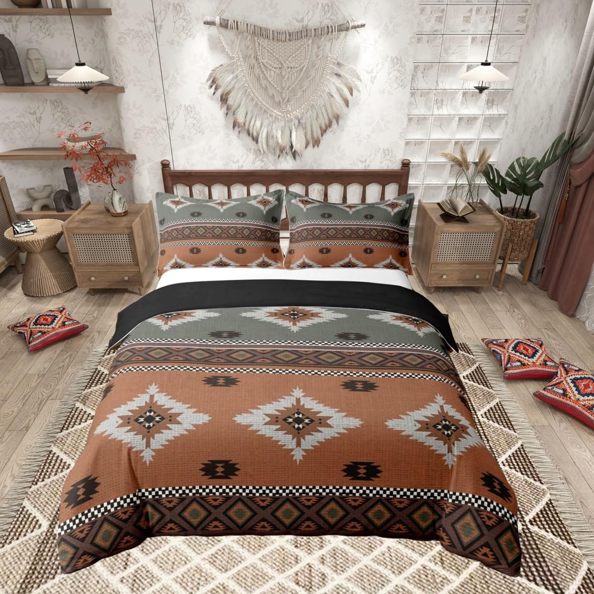Photo 1 of jejeloiu Southwestern Bedding Duvet Cover Set 100% Cotton King Size Geometric Pattern Bedding Set Native American Design Comforter Cover Set Tribal Orange Blue Bedspread Cover Bedroom Bedclothes