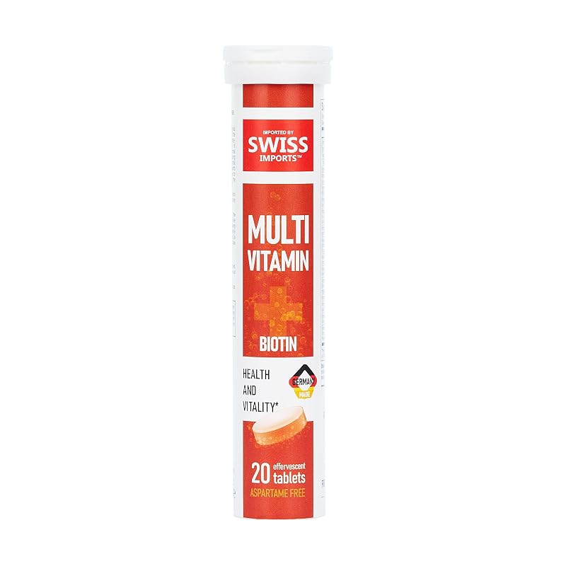Swiss Imports Multivitamínico efervescente com biotina, vitaminas C, E, B1, B2, B6, B12, A e D3, 20 comprimidos